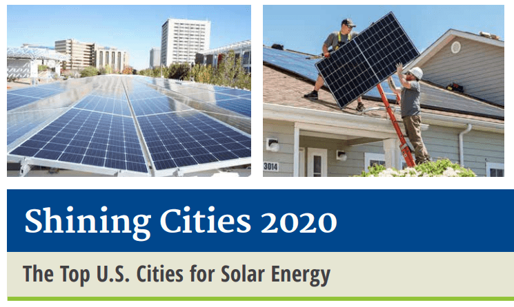 Solar panels installed on a roof and solar professionals installing panels on the roof of a house with Shinging Cities 2020 The Top U.S. Cities for Solar Energy under it